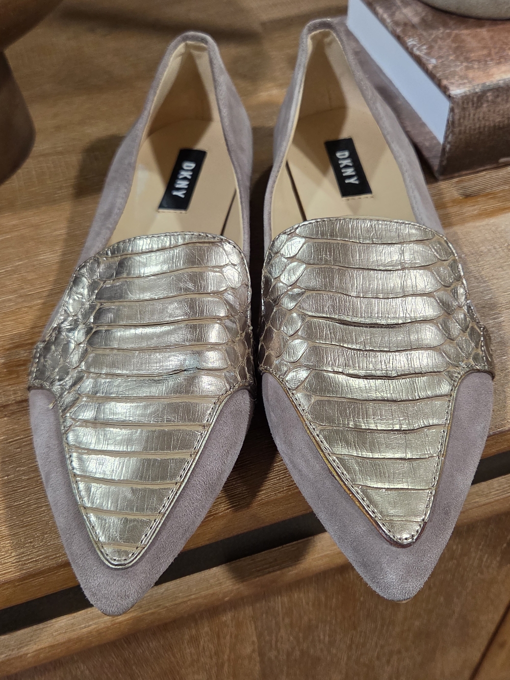 DKNY Taupe Suede Flats with Metallic Gold Croc-Embossed Vamp